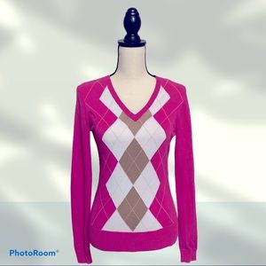 IZOD Fuchsia & White Argyle V-Neck Sweater